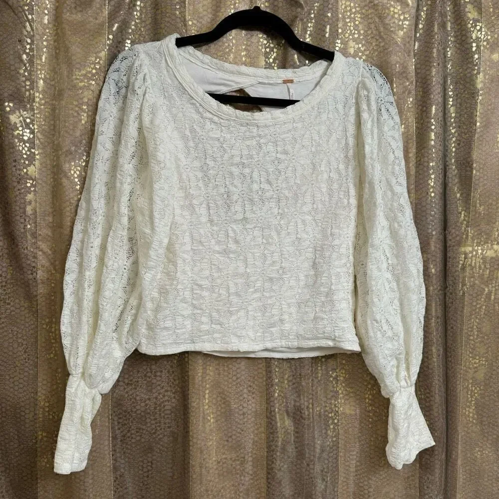 Free People Jasmine Tea Time Long Puff Lace Sleeve‎ Open Back Top Ivory Medium